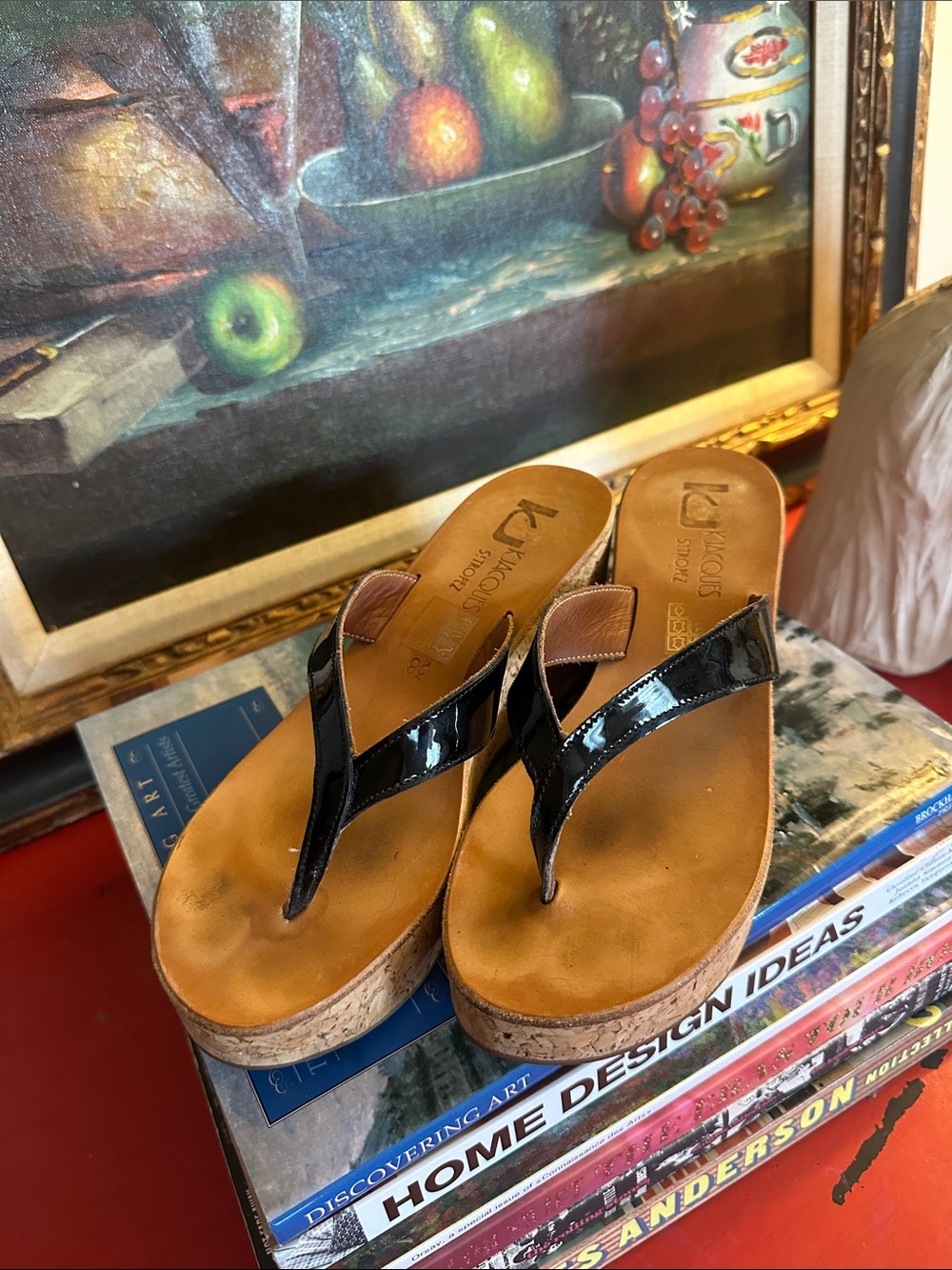 K.Jacques Black Patent Cork Wedge Thong Sandals